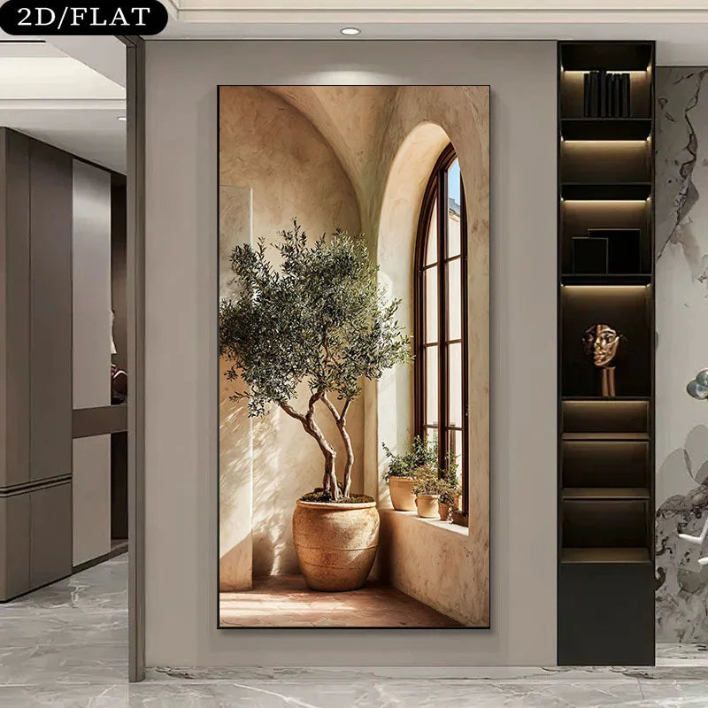 tableau moderne paysage architectural arbre fenetre plante beige vert brun sans cadre toile murale