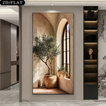 tableau moderne paysage architectural arbre fenetre plante beige vert brun sans cadre toile murale