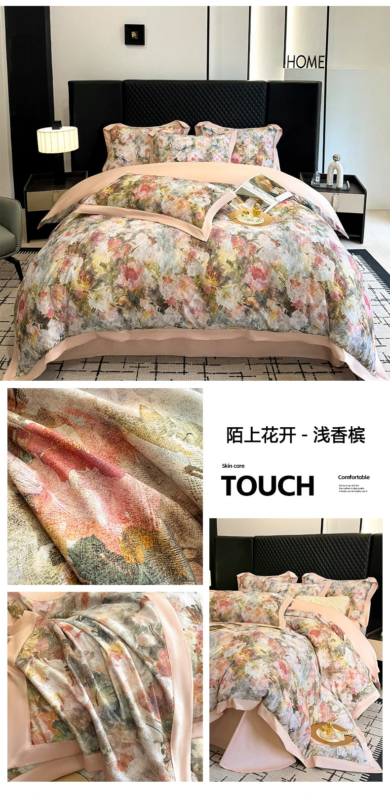 ensemble literie floral moderne 100 coton égyptien rose clair beige gris vert full king