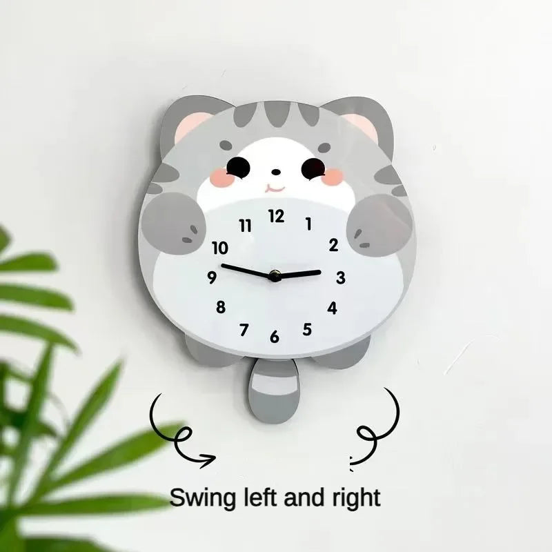 horloge murale balancière chaton mignon cartoon salon chambre quartz orange blanc gris