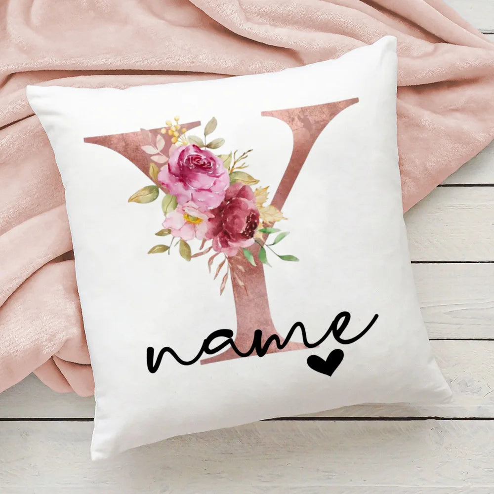taie d'oreiller motif floral rose lettres initiales respectueux environnement moderne blanc