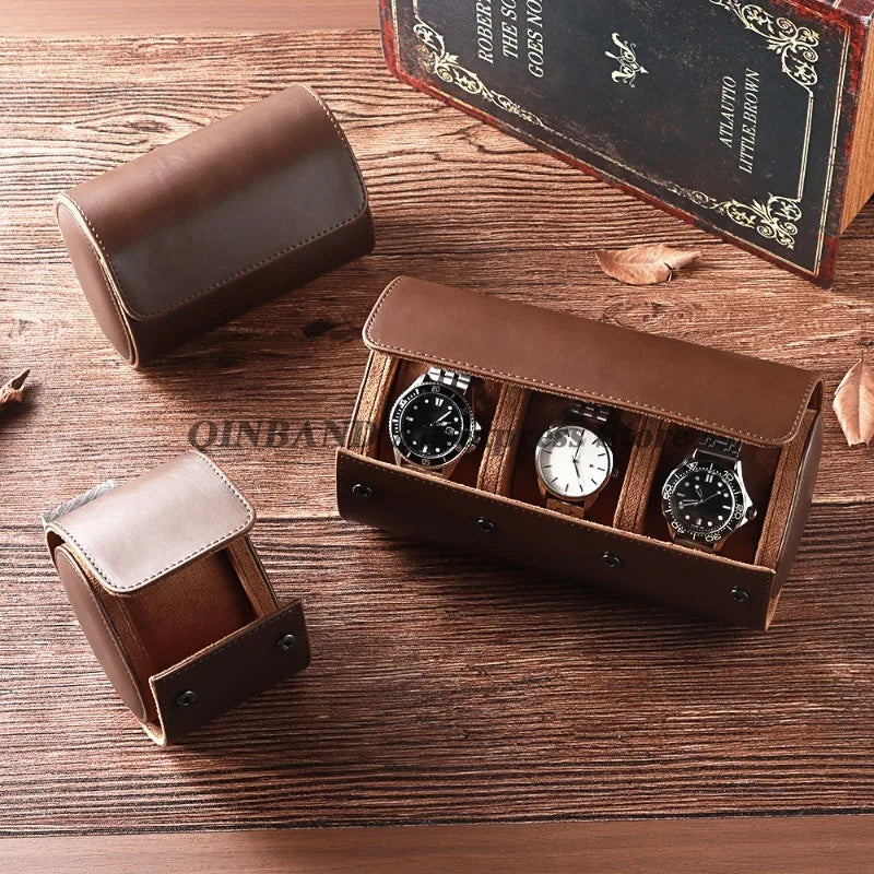 boîtes montres simili cuir bleu marine marron clair classique fixations rangement sécurisé vintage