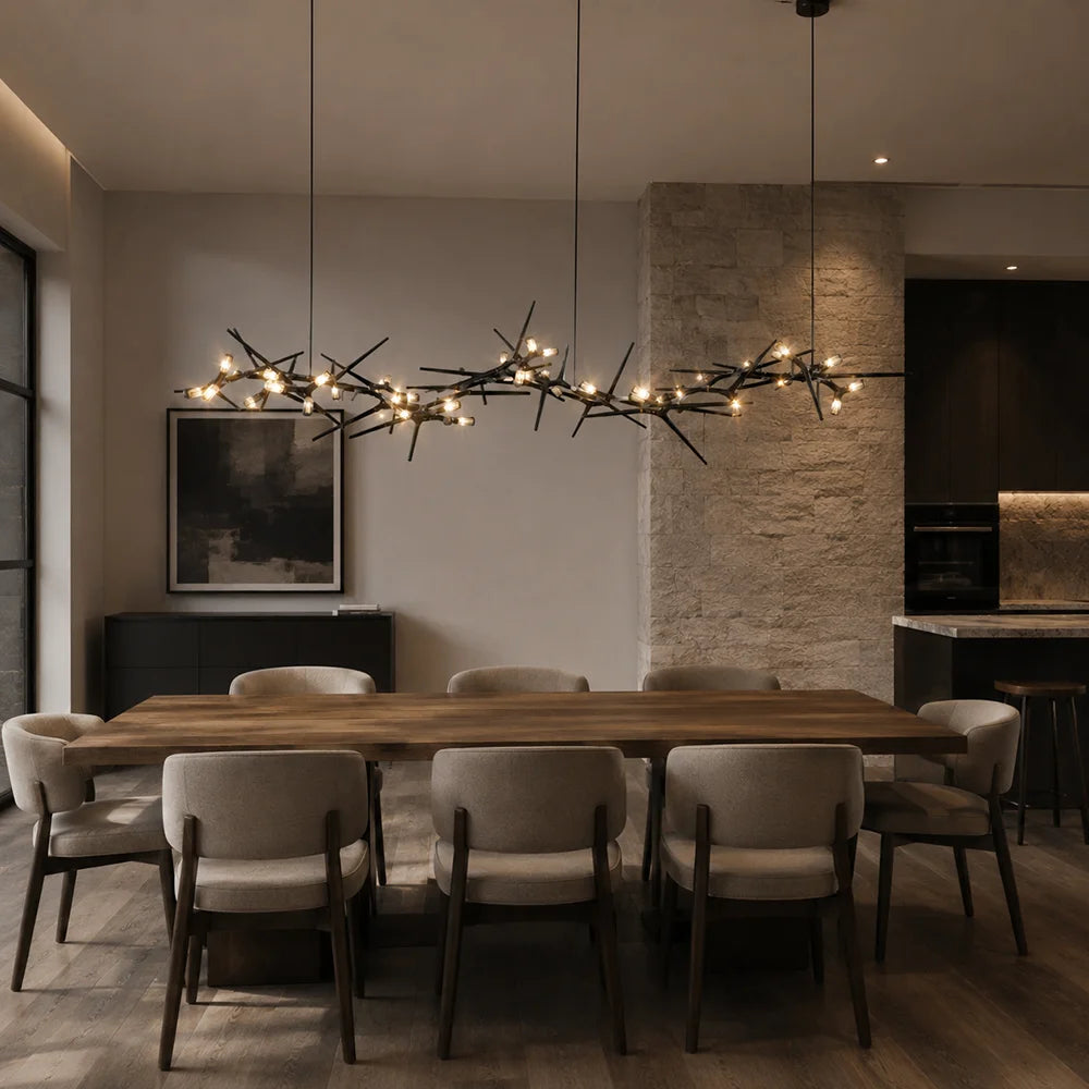 suspension lumineuse moderne branchée noir ampoules blanches naturel chaînes noires luminaire cuisine salle manger