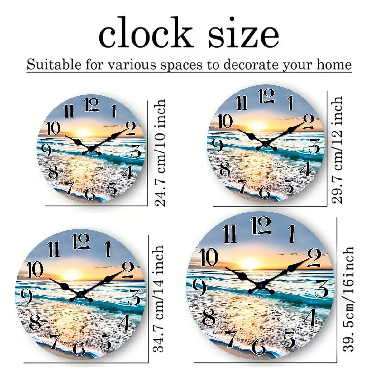 horloge murale coucher soleil plage moderne bleu blanc jaune 10 12 14 16 inches