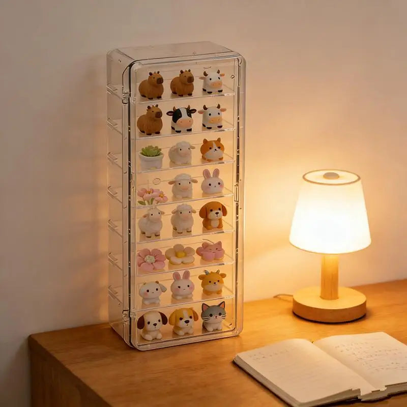 boîte rangement transparente étagères figurines animaux bijoux organisation anti poussière minimaliste