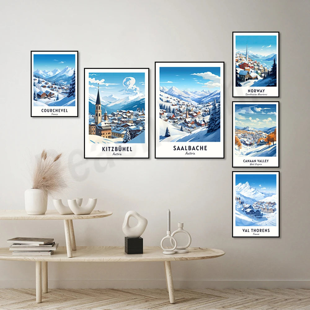 Une collection de belles affiches représentant des paysages d'hiver dans des stations de ski célèbres, créant une ambiance chaleureuse et relaxante dans cette pièce.