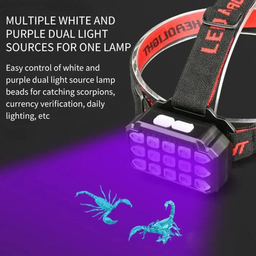 lampe frontale uv led rechargeable violet noir rouge imprime lettres rouges bandeau ajustable cordon