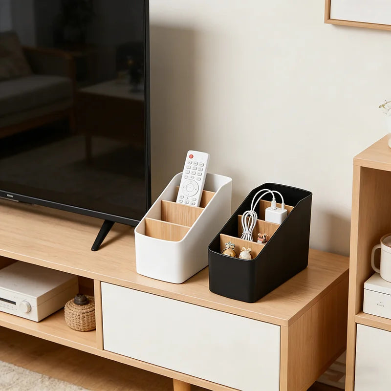 boîte rangement noir blanc bambou minimaliste compartiments marchestylo télécommande câbles