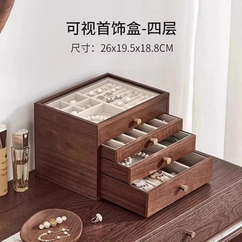 coffret bijoux bois marron tiroirs poignées dorées rangement moderne minimaliste
