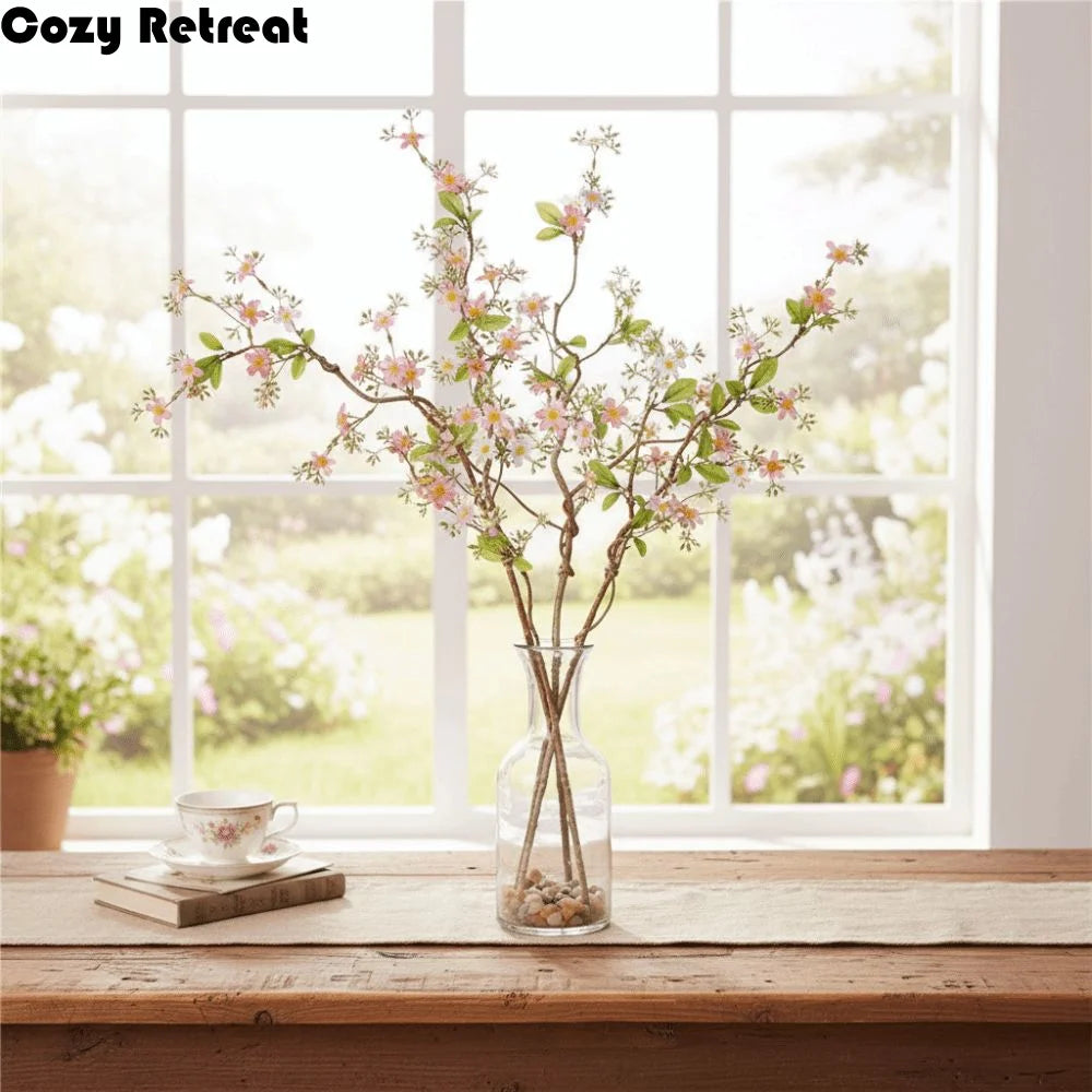 branches artificielles fleurs blanches roses naturelles décoration intérieure vase transparent rustique