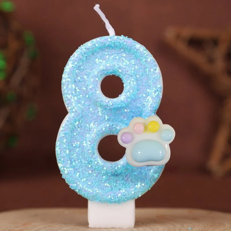 bougies forme chiffre pailletées bleu pâle blanc décoratives anniversaire enfants numérotées