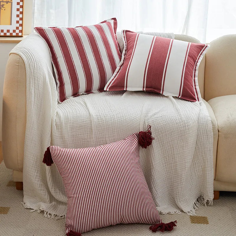 housses coussin rayées rouge blanche rustique adhésif tassel polyester carré lit moderne decoration