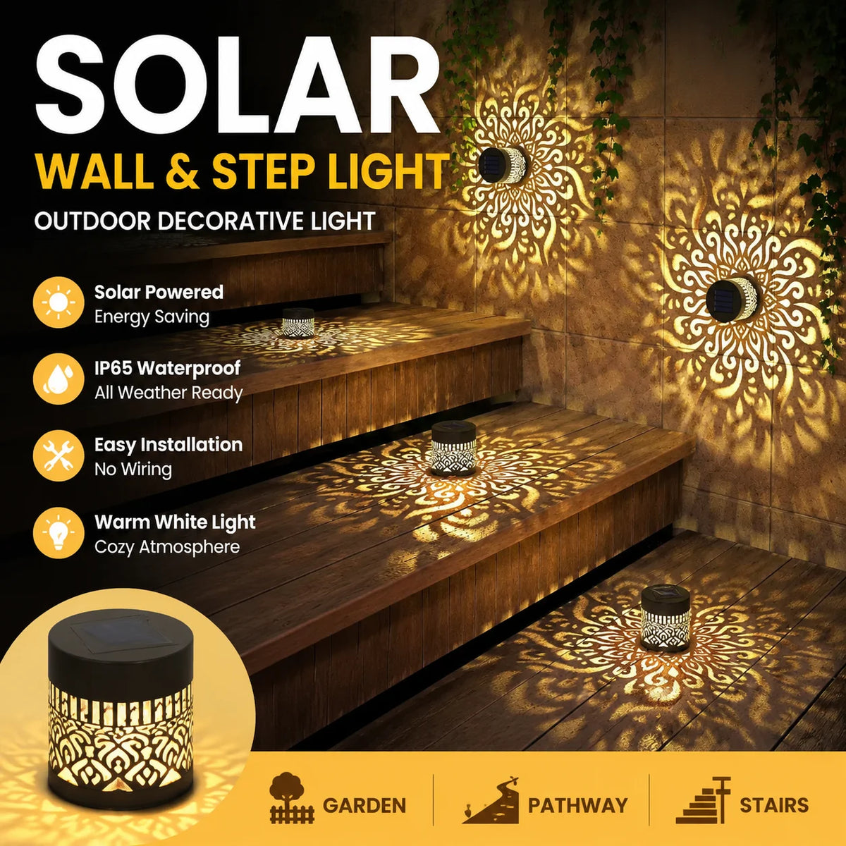 lampe solaire moderne mandala noir doré ornementale extérieure led ip65