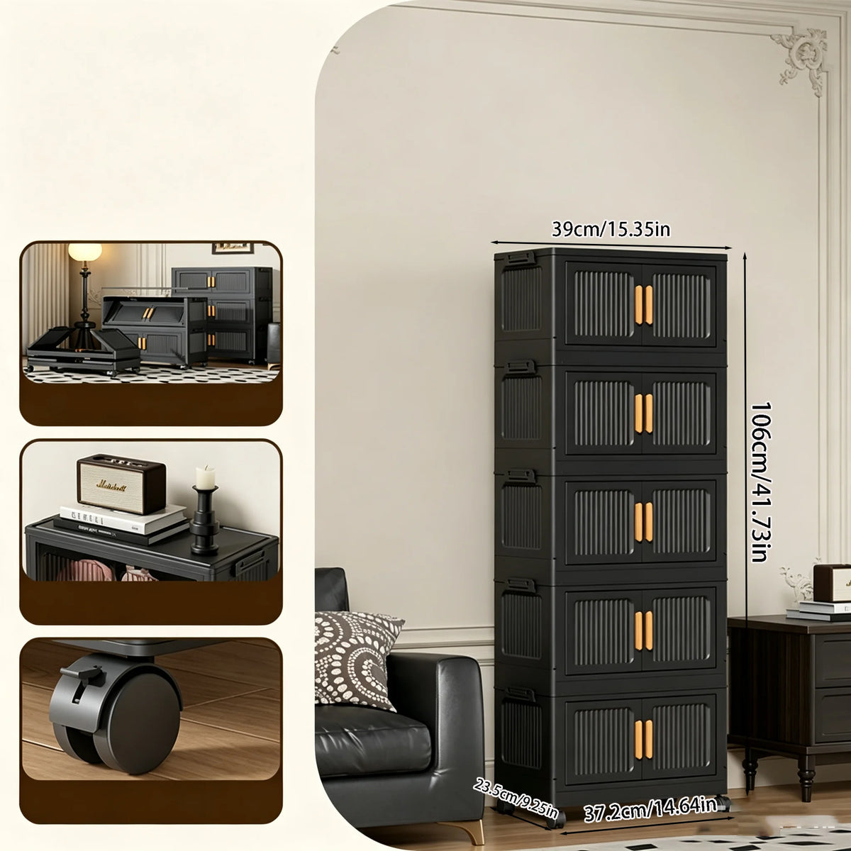 rangement modulaire meuble noir panneaux transparents poignées dorées roulettes facile assembler chambre salon cuisine