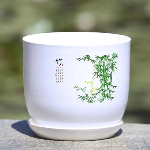 grand pot fleurs blanc résine plateau motif floral chinois jardin