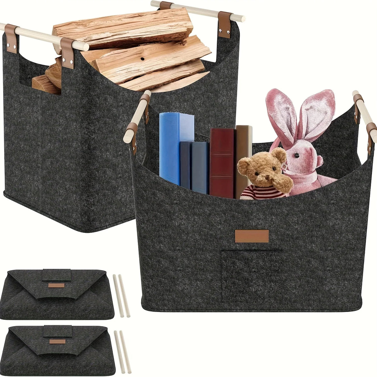 panier tissu texturé gris foncé boîtes rangement bois jouets rustique feutre poche manches bois