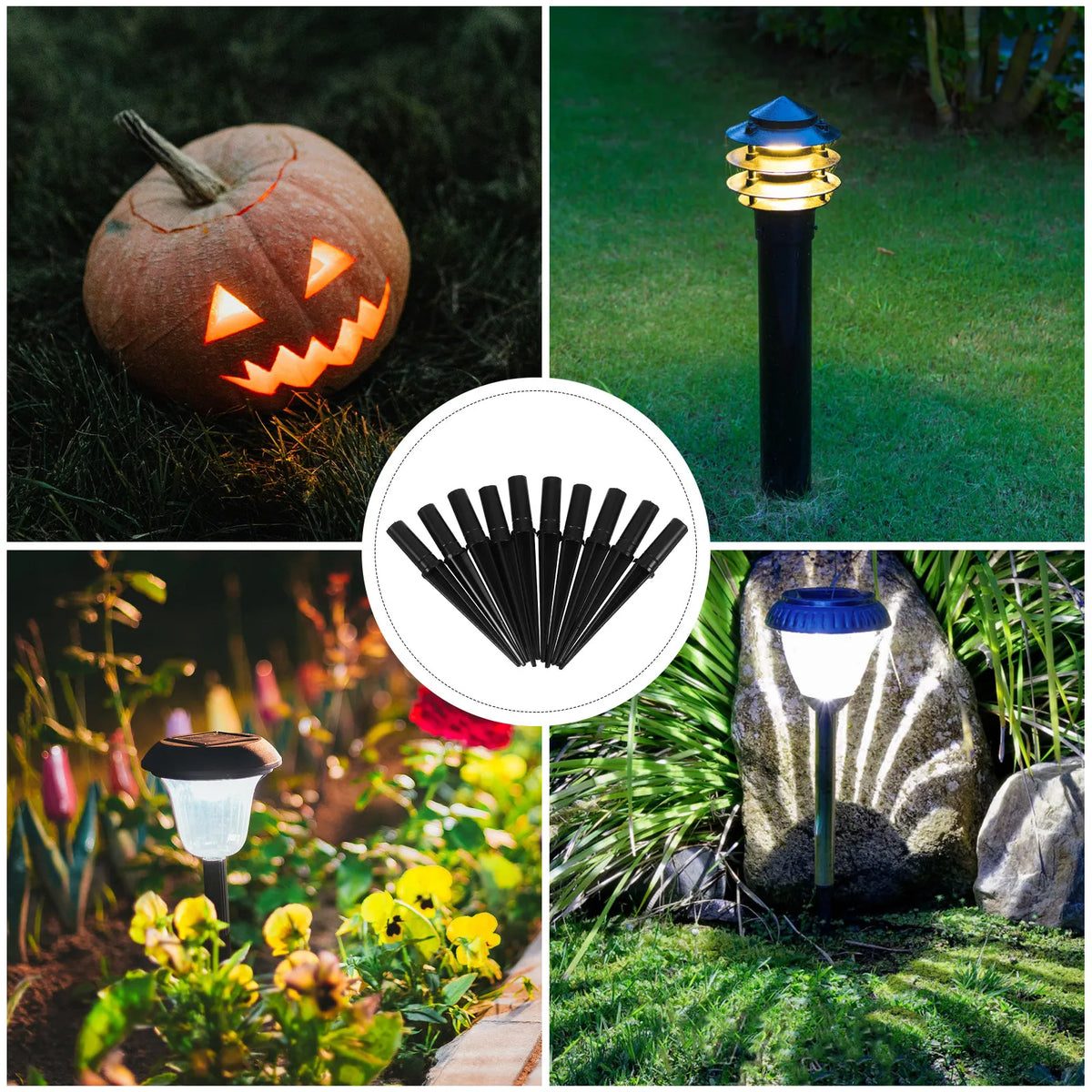 supports lampe solaire plastique noir lisses coniques jardin facile installer sans outils pack dix