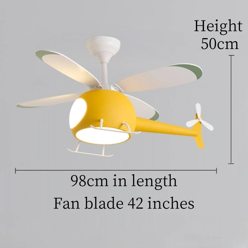 ventilateur lampe intégrée hélicoptère bleu blanc jaune moderne télécommande led enfants chambre salon