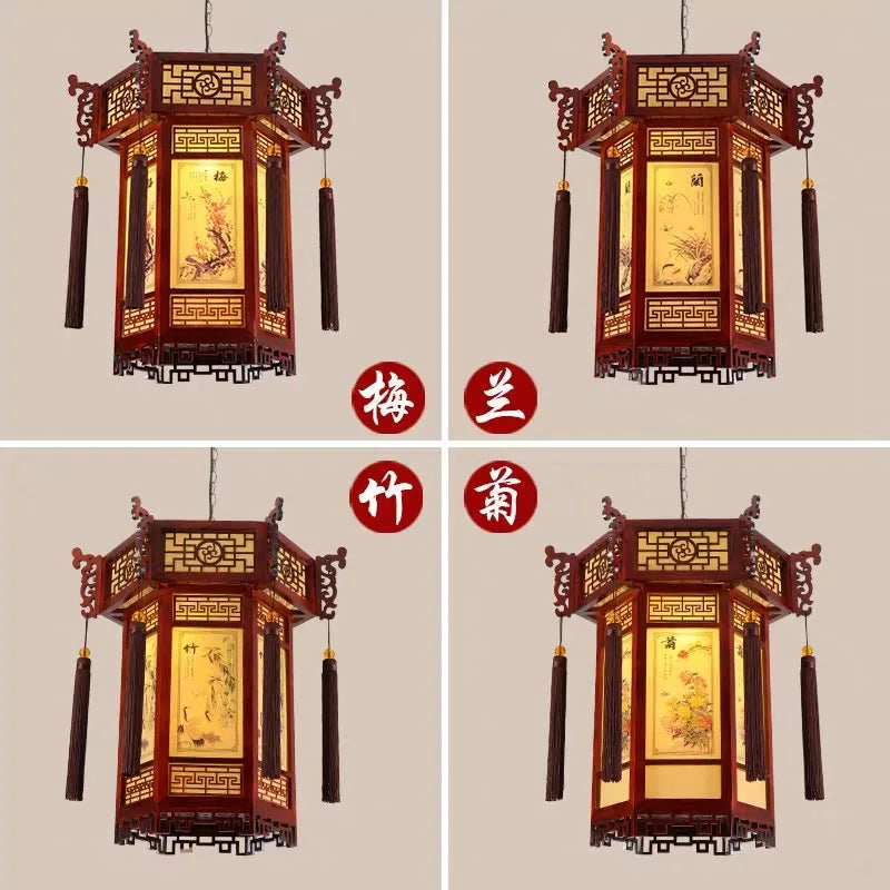 lampe suspendue artisanale chinoise papier motif floral oiseaux bois marron étude chambre salon