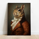 Un écureuil habillé dans un costume élégant, avec un air malicieux et confiant, regarde droit dans la caméra sur un fond sombre.