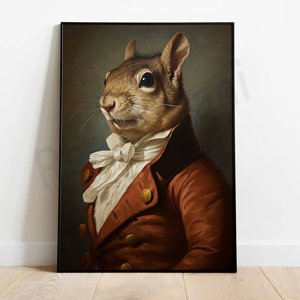 Un écureuil habillé dans un costume élégant, avec un air malicieux et confiant, regarde droit dans la caméra sur un fond sombre.