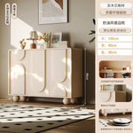 meuble rangement moderne bois motifs géométriques beige clair pieds ronds