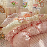 ensemble literie rose vichy doux franges romantique taies oreillers couvre lit