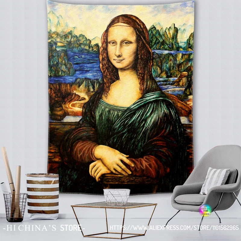 tapisserie mona lisa renaissance décoration maison peinture huile rectangle classique vert marron gris