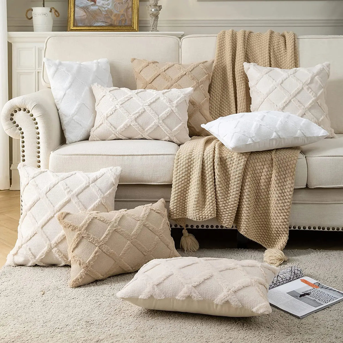 housse coussin décorative motif géométrique moderne canapé lit salon beige rose blanc luxe