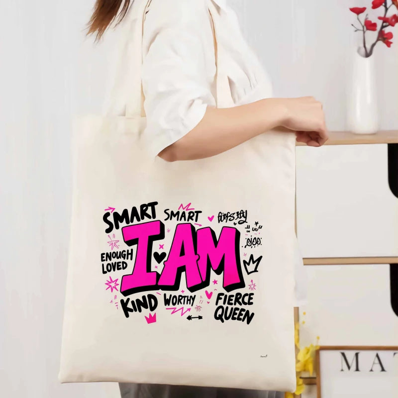 sac main toile beige clair imprimé graphique phrases symboles poignées tissu respectueux environnement moderne