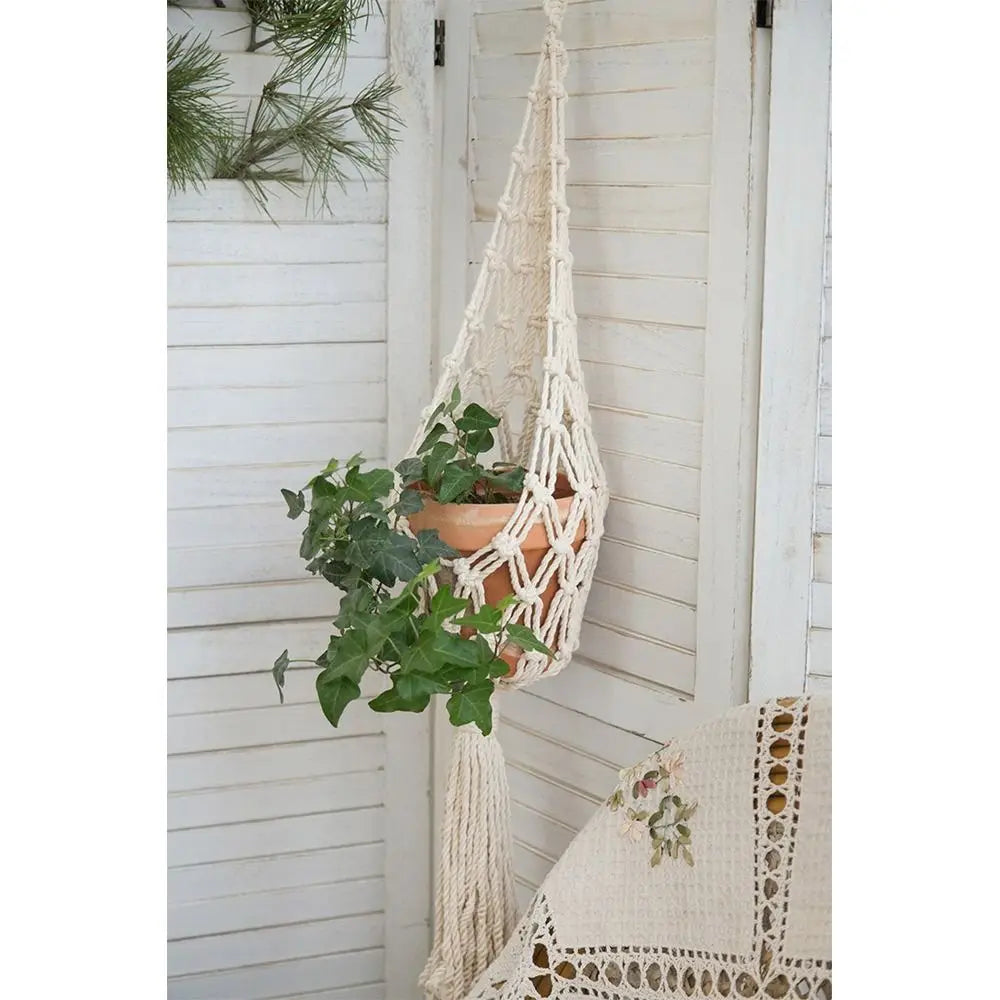 Suspension plante macramé boho blanc cassé anneaux métalliques pot fleurs non decoration