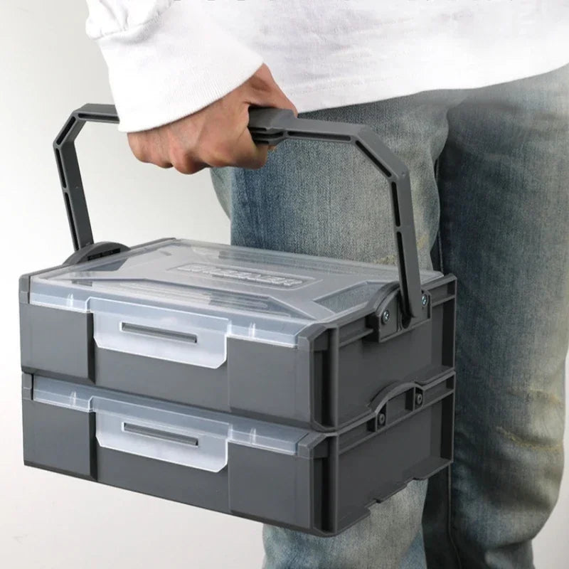 boîtes rangement outils plastique réutilisables gris transparent compartiments modernes poignées