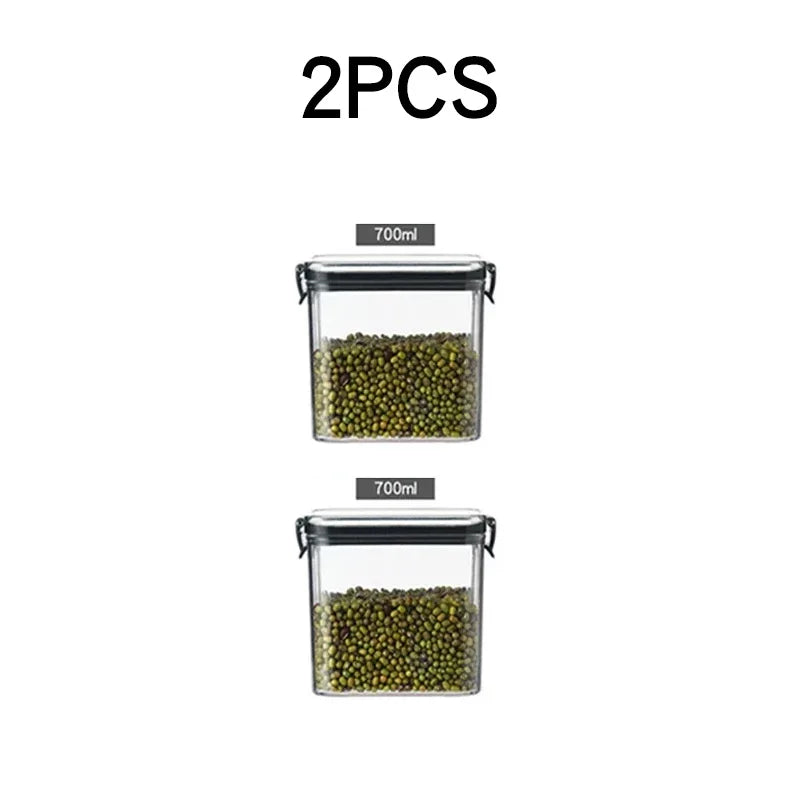boîtes rangement alimentaire transparentes poignées noires multiple tailles réutilisables modernes pratiques épices pâtes graines