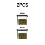 boîtes rangement alimentaire transparentes poignées noires multiple tailles réutilisables modernes pratiques épices pâtes graines