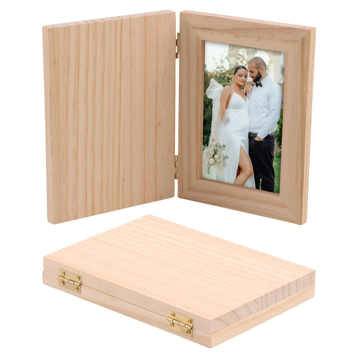 cadre photo bois clair double face transparent rustique couvercle rabattable charnières dorées champêtre fixations