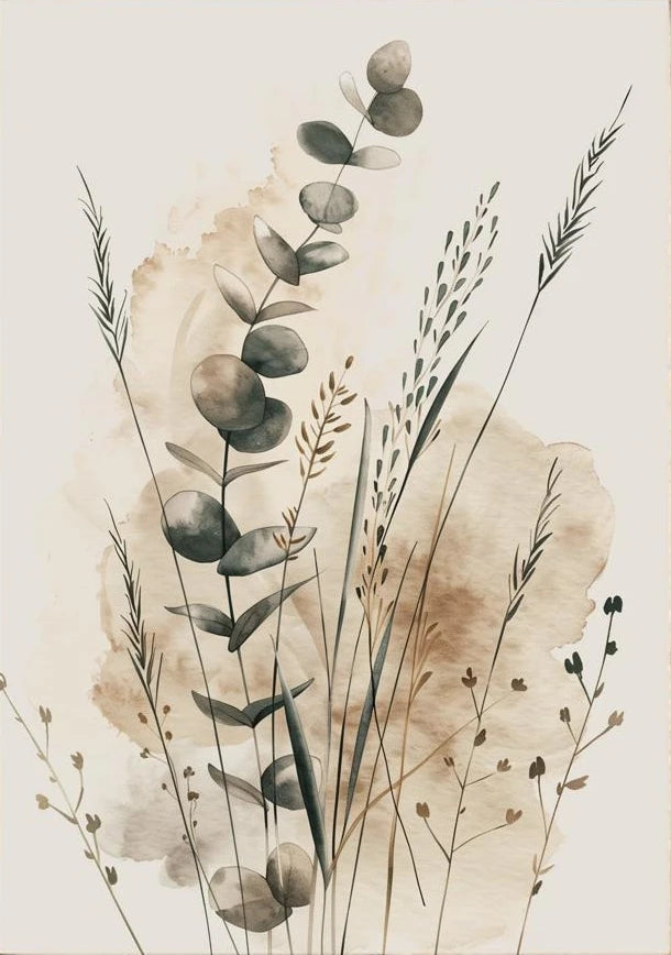 tableaux abstraits minimaliste fleurs séchées naturels beige gris vert cadres floraux decoration chambre triptyque