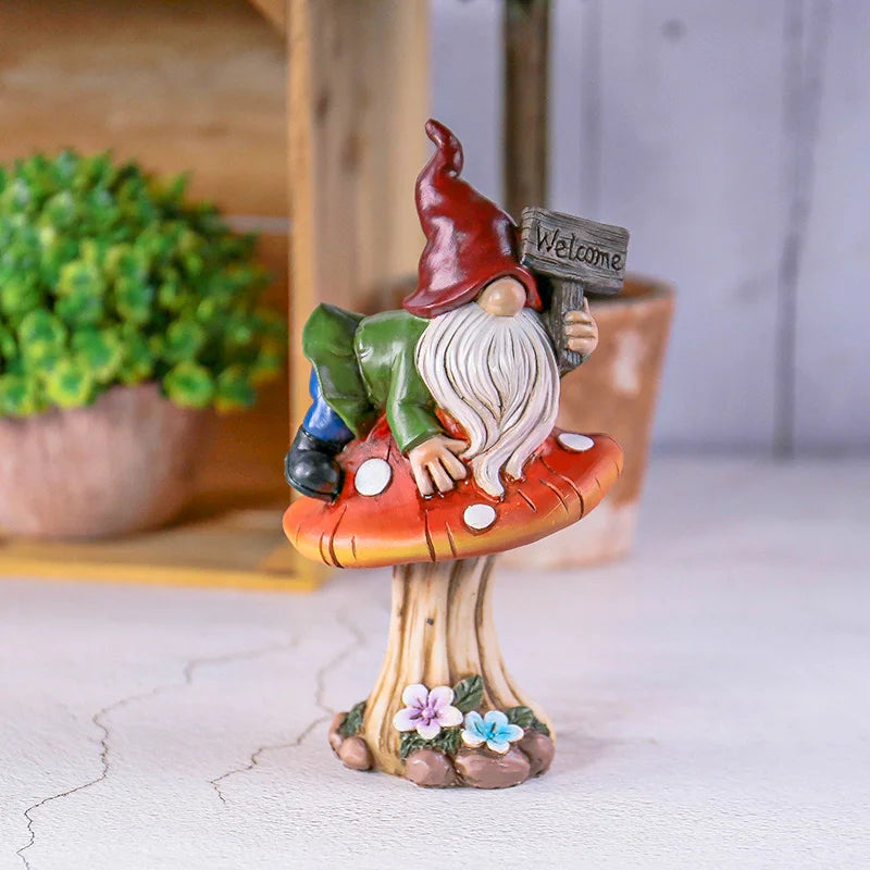 statue gnome jardin résine rouge blanc vert bienvenue fleur décoration patio fantaisie rustique