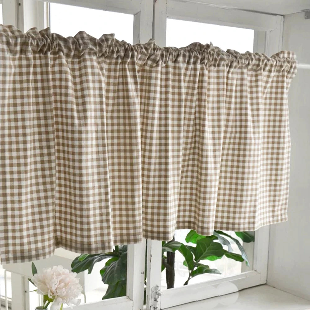rideau gingham beige blanc champêtre fixé cuisine opacité moyenne dimension 140cm