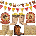 décoration fête anniversaire western assiettes papier boîtes pop corn banderoles cowboys motifs bandanas