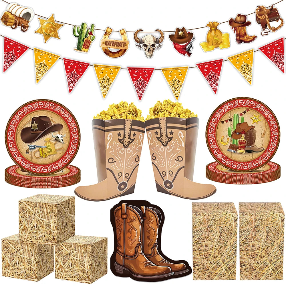 décoration fête anniversaire western assiettes papier boîtes pop corn banderoles cowboys motifs bandanas
