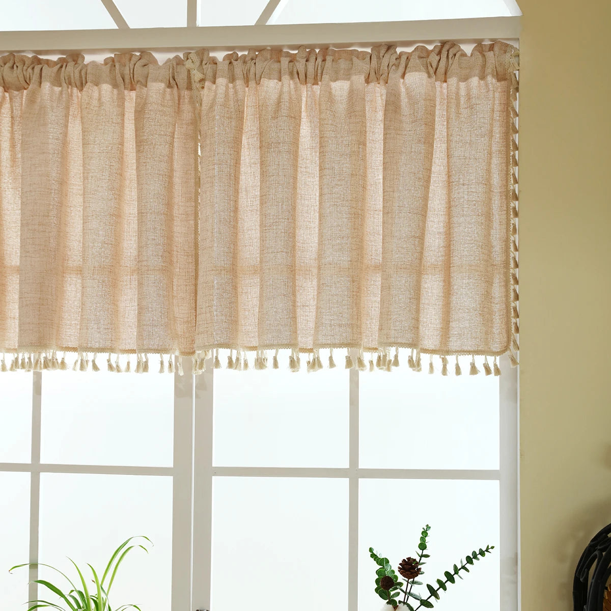 rideau rustique texture lin opacité beige clair 130cm large chambre cuisine decoration