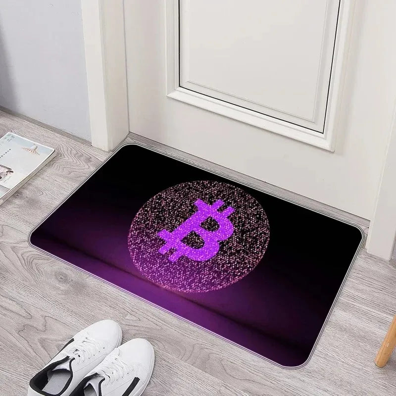 tapis d'entrée moderne motif bitcoin bleu noir doré antidérapant intérieur salon maison décoratif
