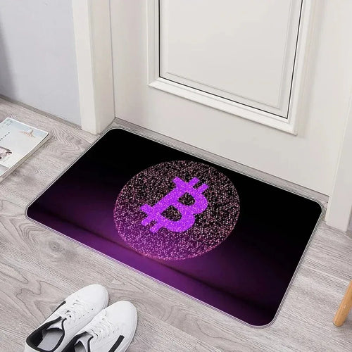 tapis d'entrée moderne motif bitcoin bleu noir doré antidérapant intérieur salon maison décoratif