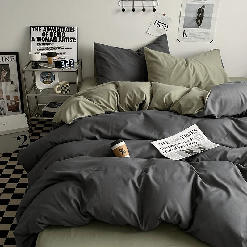 parure lit ensemble housse couette double deux taies d'oreiller coton moderne