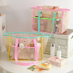 sac plage maille transparent décontracté multi usages pliables polyestère rose beige ventilateur cosmétique lunettes