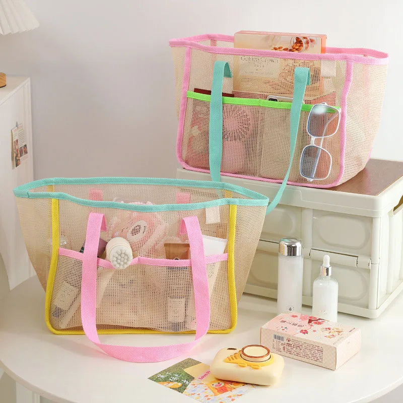 sac plage maille transparent décontracté multi usages pliables polyestère rose beige ventilateur cosmétique lunettes