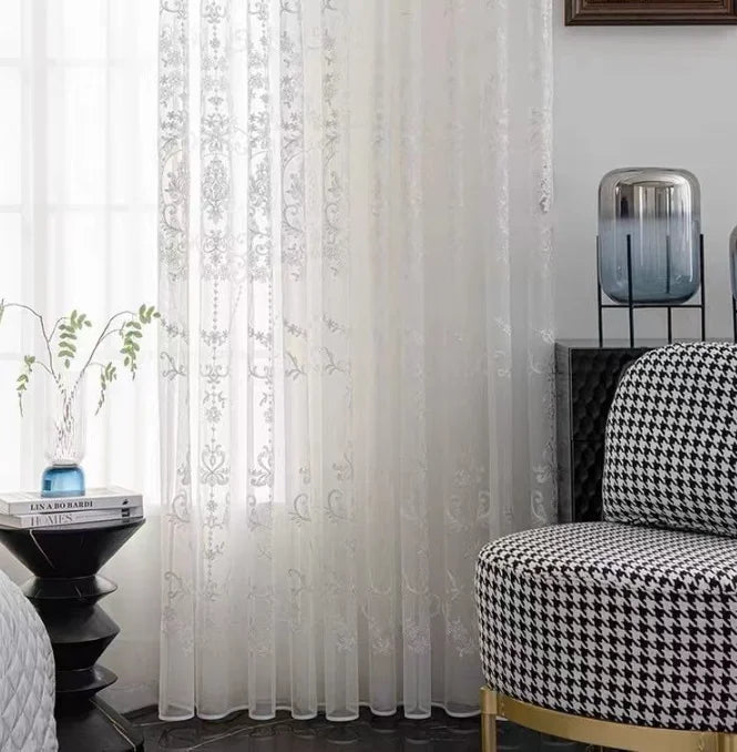 rideau blanc broderie florale transparent classique fenêtre française polyester haut gamme