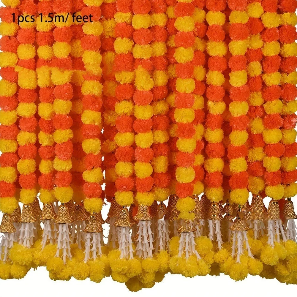 guirlande fleurs artificielles marigold d'Inde orange jaune rouge festives décoration pompons clochettes festive indienne