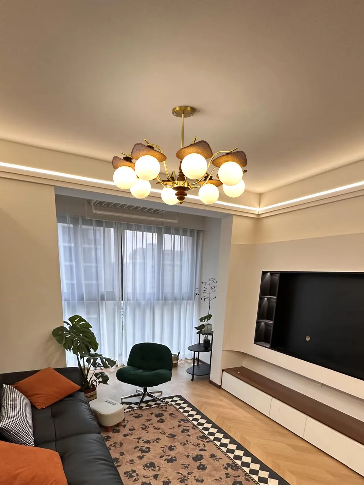lampe suspendue or classique bois foncé tête translucide led salon chambre