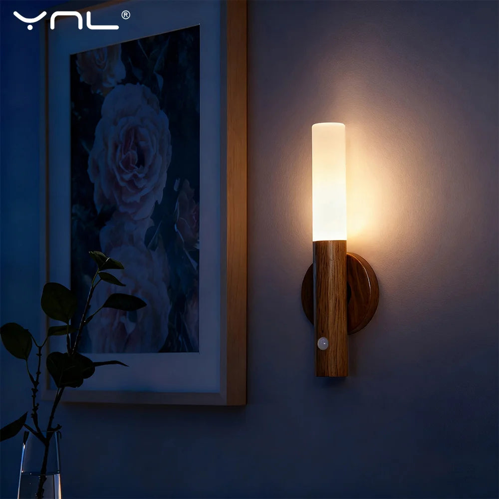 lampe murale moderne blanc bois texture naturelle interrupteur tactile détection mouvement 360° rotation rechargeable